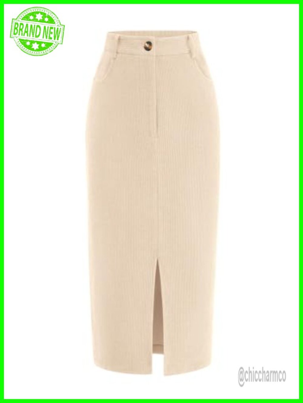 High Waisted Corduroy Pencil Midi Skirt with Slit & Pockets